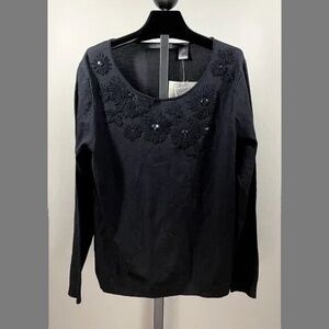 NEW Liz Claiborne Sweater Womens Large black silk knit floral pull over